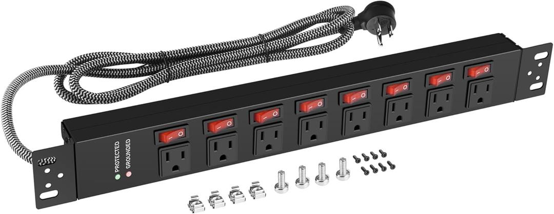 Rack Mount Power Strips,8 Outlet Strips Surge Protector with Individual Switches, PDU Power Strip for Server Racks, 14AWG Heavy-Duty Braided Extension Cord,2700J,15A 125V 1875W (6 FT Cable) (6 FT Cable)