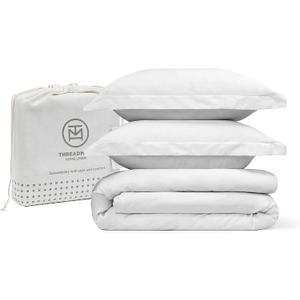 Threadmill White Duvet Cover King Size Bedding Set, Breathable Comforter Cover, Soft 3-Pc Cotton King Duvet Cover Set with 2 Pillow Shams, Button Closure & Corner Ties Fits Cal King Duvet Cover