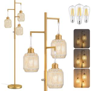 ROTTOGOON Dimmable Boho Floor Lamp - 3 Light Farmhouse Rattan Floor Lamp for Living Room, Industrial Tree Floor Lamps with 3 X 6W LED Bulbs, Rustic Standing Tall Lamp for Bedroom, 68", White