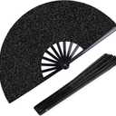 2 x OHOME Hand Fans for Women Foldable - Black Large Folding Rave Fan | Fans for Line Dancing - Nylon-Cloth Vintage Retro Fabric Festival Hand Held Fan, Stocking Stuffers for Women