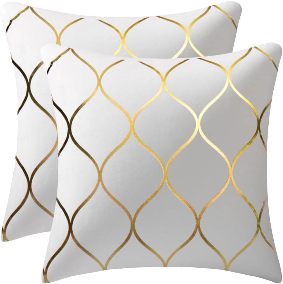 Gold Velvet Throw Pillow Covers Off White: 2 Pack 16x16 Inch Square Decorative Pillow Cases for Bedroom Sofa Couch Living Room