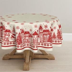 Horaldaily Christmas Tablecloth 90×90 Inch Round, Beige Snow House Pine Trees Washable Table Cover for Party Picnic Dinner Decor