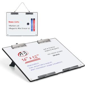 Large A3 Writing Easel Desk Adjustable Dry Erase, Keyboard Stand for Desk, Learning Portable Clipboard Magnetic, White Board Dry Erase Wall Hangable, Slant 13/18 for teachers & Students, Black Frame