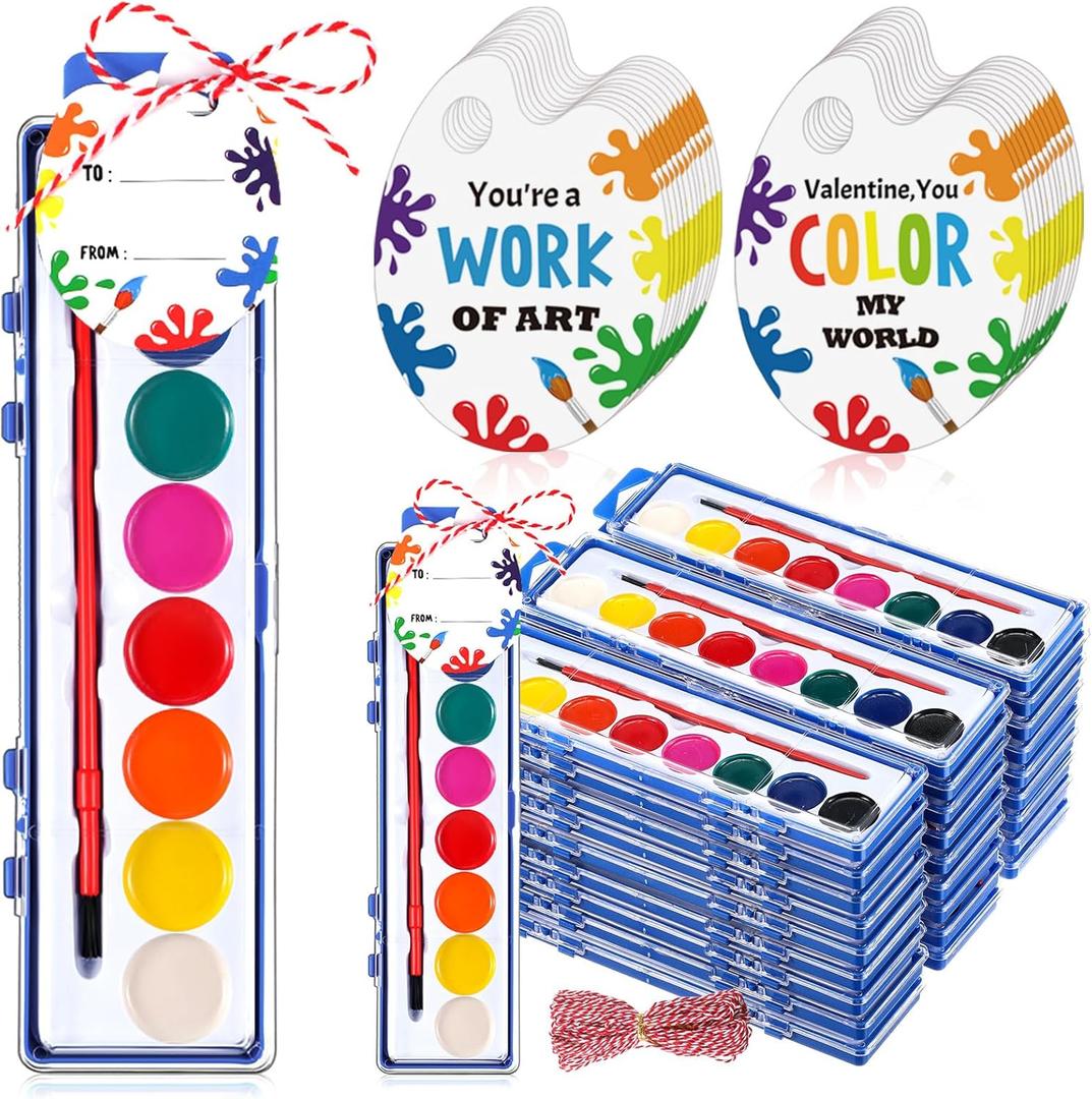 Sabary 28 Pack End of School Year Gift for Student Watercolor Paint Set Bulk with Card and Rope 8 Washable Watercolor Paint with Brush for Last Day of School Classroom Kid Art Party Favor (Round)