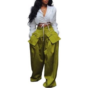 DINGANG Women's Wide Leg Satin Cargo Pants High Waisted Casual Trousers (Green, L)