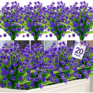 TURNMEON 20 Bundles Artificial Flowers for Outdoors, Summer Spring Grass Camellia Fake Flowers Plastic Plants, UV Resistant No Fade Faux Greenery for Gardens Porch Cemetery Decor 500 Heads(Purple)