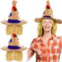 2 Pcs Thanksgiving Scarecrow Hats with Raffia Straw Hair Thanksgiving Scarecrow Hat Costume Accessories for Adult Women Men Cosplay