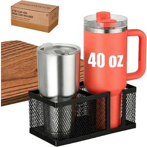 Dual Slots Clip On Metal Desk Cup Holder, Fits up to 40oz cups  No Spill Clamp for Table, Bed, Chair  Large Adjustable Drink Holder for Yeti, Hydro Flask, Starbuck  Mountable Cup Attachment - Black
