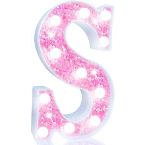 Pooqla LED Marquee Letter Lights, Light Up Pink Letters Glitter Letter Sign for Girls Gifts, Battery Powered for Night Light Birthday Party Wedding Home Bar Christmas Decoration, Cool White Pink S