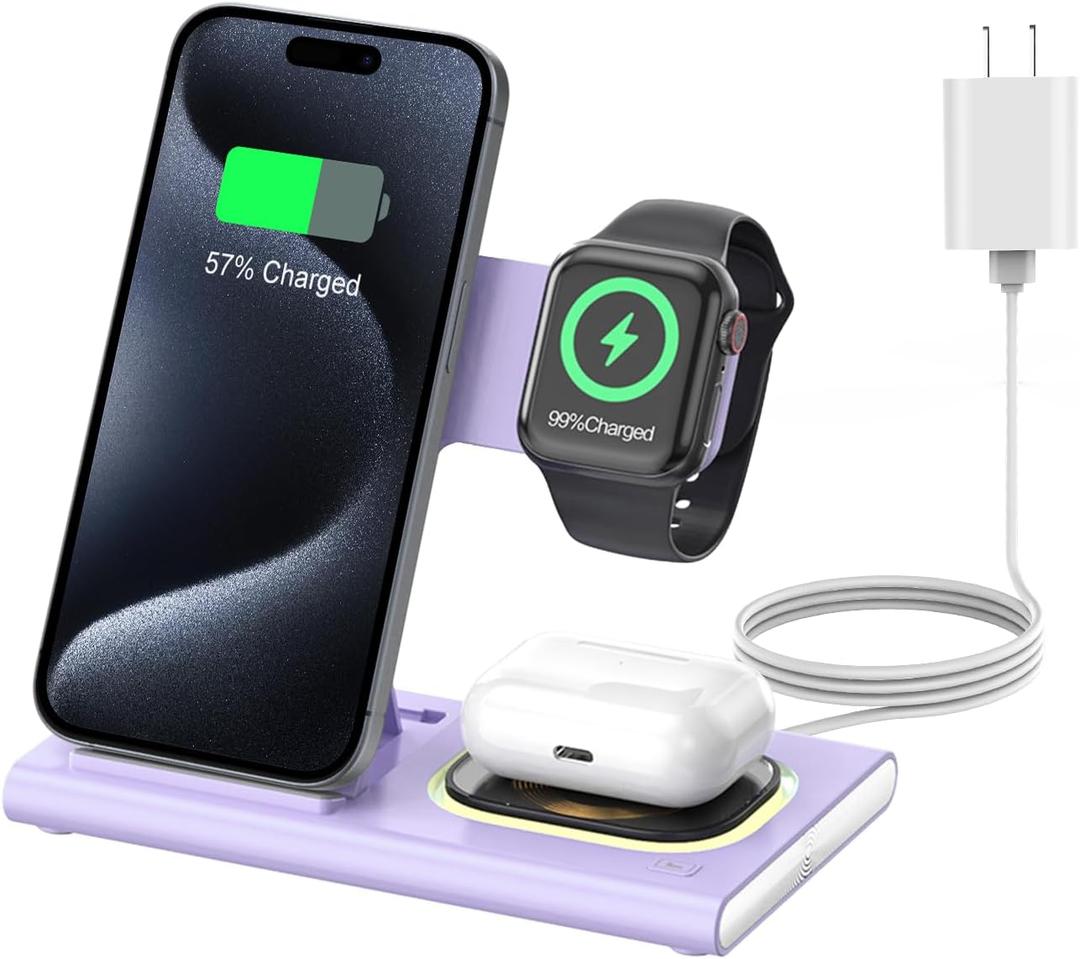 3 in 1 Foldable Charging Station for Apple Products,Fast Wireless Charger Travel Dock Adapter&Light for iPhone 16/15/14/13/12/11/X/XS,for iWatch 10/9/8/7/Ultra2/Ultra,for AirPods 4/3/2/Pro/2(Purple)