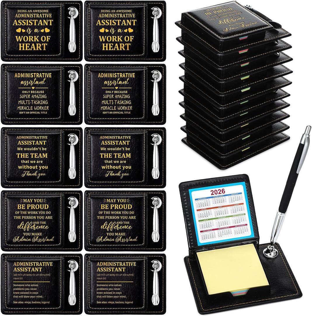 Crtiin 10 Set Administrative Assistant Gifts Secretary Gifts Sticky Note Holders with Sticky Notepads PU Leather Memo Box with Calendar Pen Holder Secretary Admin Professional Day Gift for Office Desk