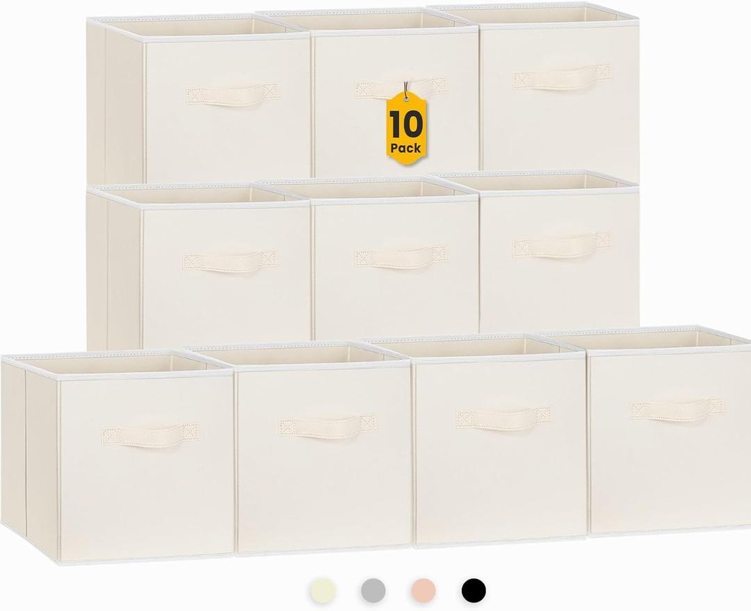 Criusia Storage Cubes, 11 Inch Clothes Storage Bins with Dual Handles (10 Pack), Fabric Collapsible Storage Bins for Shelves Closet, Cubby Organizer Bins for Clothing Toys Blanket Yarns (Beige) (10 Pack - 11 inches)