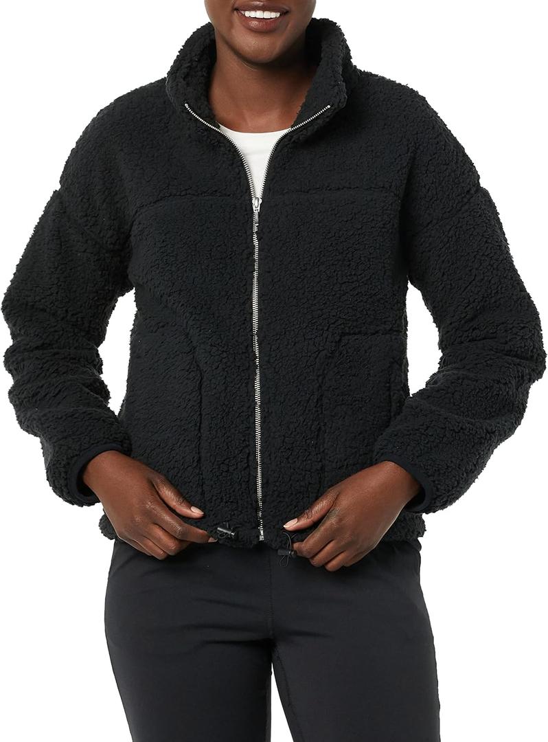 Amazon Essentials Women's Fleece Zip-Up Sherpa Jacket with Stand Neck (X-Large, Black)
