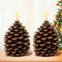 DRomance Flameless Pinecone Candles Battery Operated with 6 Hour Timer Set of 2 Real Brown Wax 3D Wick LED Flickering Pillar Candles Christmas Holiday Decor(Gold, 3.5 x 6 Inch)
