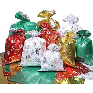 WesGen Christmas Gift Bags, 32Pcs Santa Wrapping Bag in 4 Sizes and 4 Designs with Ribbon Ties and Tags for Wrapping Holiday