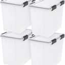 IRIS USA WeatherPro 32 Qt Storage Bins with Lids, 4 Pack, BPA-Free Plastic Gasket Box with Tight Latch and Seal, Stackable Nestable Tote Tub - Clear/ Black