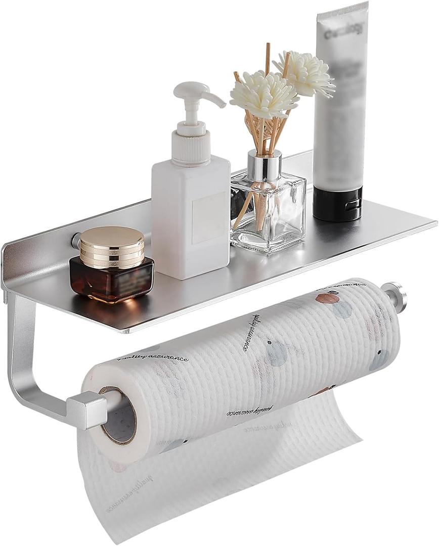 Danpoo Wall Mount Paper Towel Holder with Shelf for Bathroom/Kitchen, Adhesive Hand Towel Holder, Matte Silver