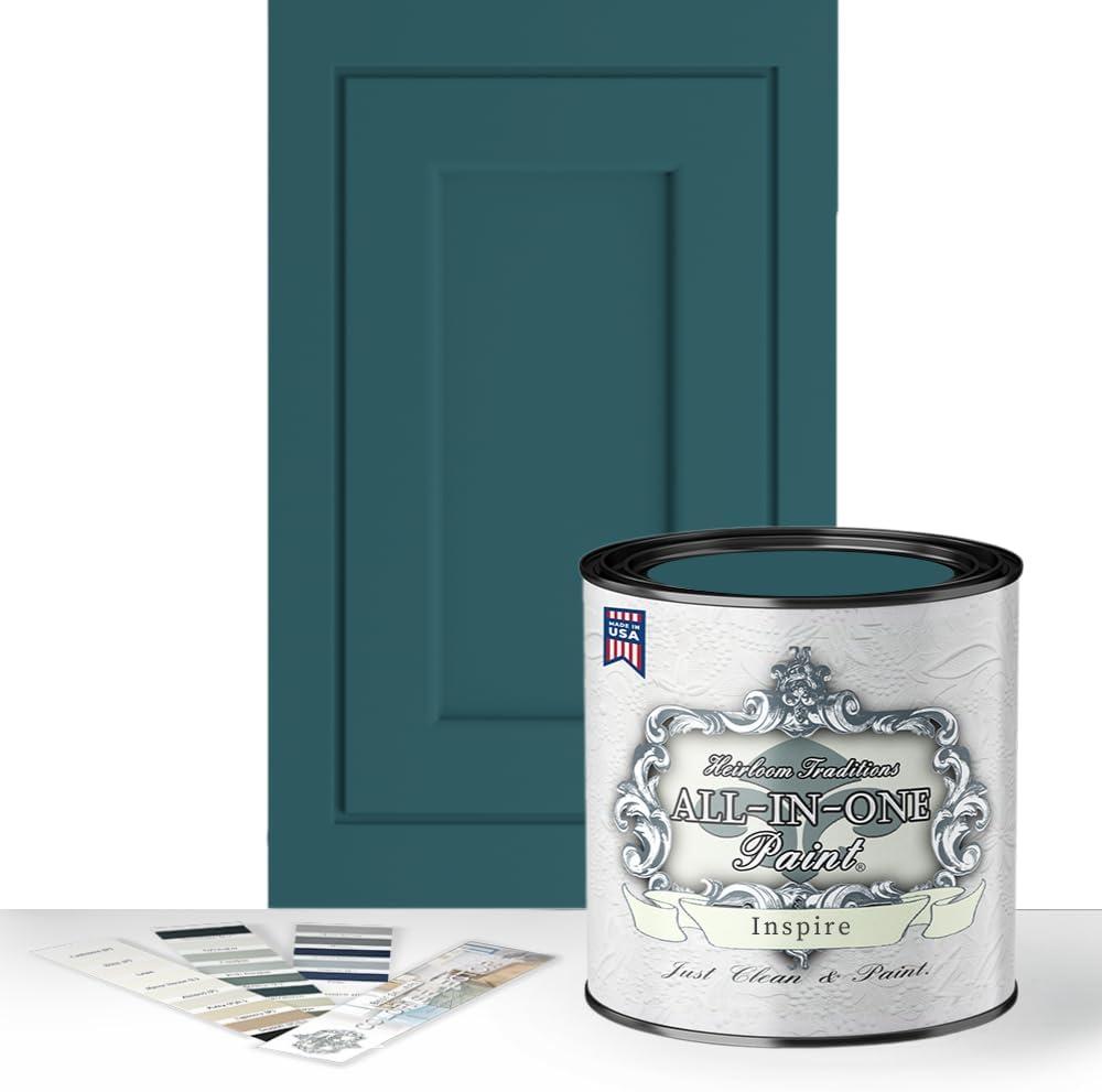 ALL-IN-ONE Paint by Heirloom Traditions, Inspire (Deep Teal), Quart - Durable cabinet and furniture paint. Built in primer and top coat, no sanding needed. Includes our 30 featured color card. (32 Fl Oz (Pack of 1))