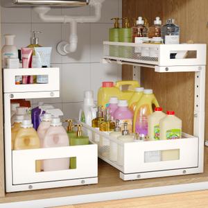 2 Pack 17IN Depth Under Sink Storage Organizer, Large 2-Tier Elegant Mesh Pull Out Shelf for Kitchen and Bathroom Cabinet Organization, L-Shaped and Adjustable Height Design-White