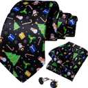 DiBanGu Christmas Ties for Men Xmas Holiday Necktie and Pocket Square Cufflinks Set Vacation Festive Necktie with Gift Box (Black/Green Christmas Tree)