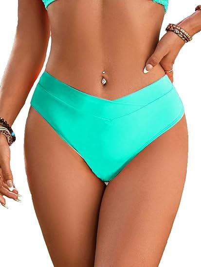 Fanuerg Women's Bikini Bottom Cross V Cut Front Swimsuit Full Coverage Bathing Suit Bottoms (Large, Lake Green)