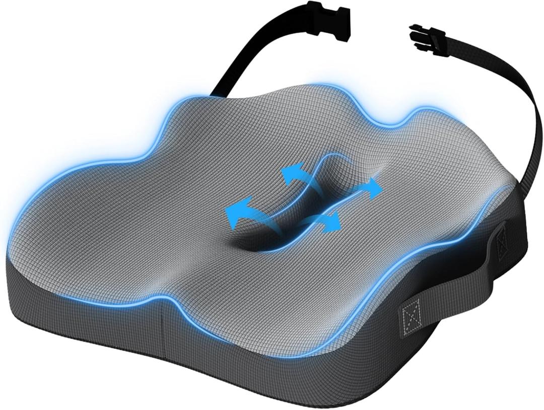 Car Seat Cushion, Extra Large Memory Foam Cushion with Adjustable Strap for Truck Drivers & Long Driving, Orthopedic Sciatica and Tailbone Pain Relief, Comfort Support for Travel Essentials