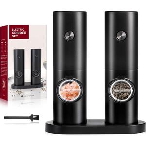 Electric Salt and Pepper Grinder Set (2 Pack), One Hand Adjustable Coarseness, Battery Powered with Stand, Seasoning Tools for Kitchen BBQ