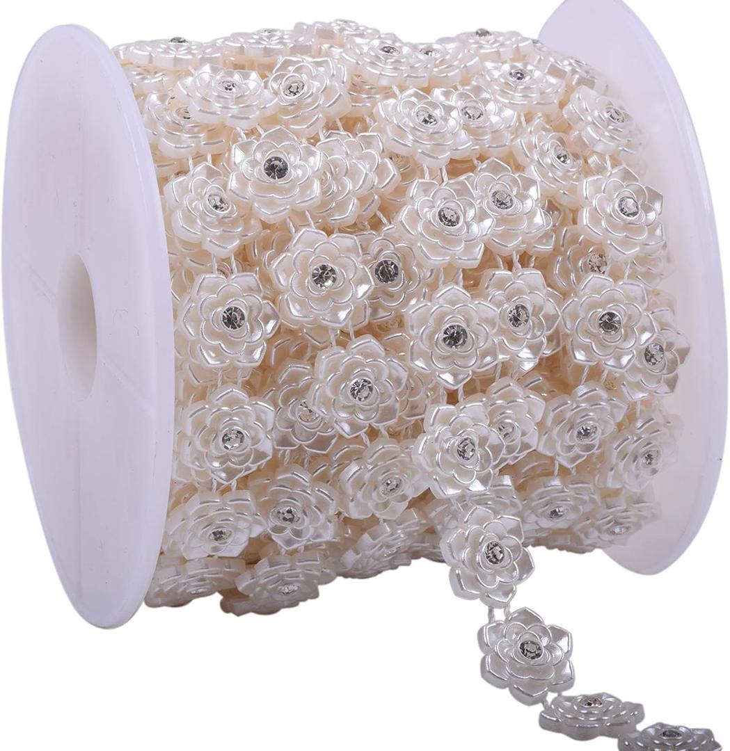 KAOYOO 10 Yards Rhinestone Beaded Chain Trim with Ivory Flower for Wedding Decoration,DIY,Craft, Sewing on Clothing