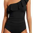 Tempt Me Women One Piece Swimsuits Tummy Control One Shoulder Bathing Suits Ruffle Swimwear (Black, M)