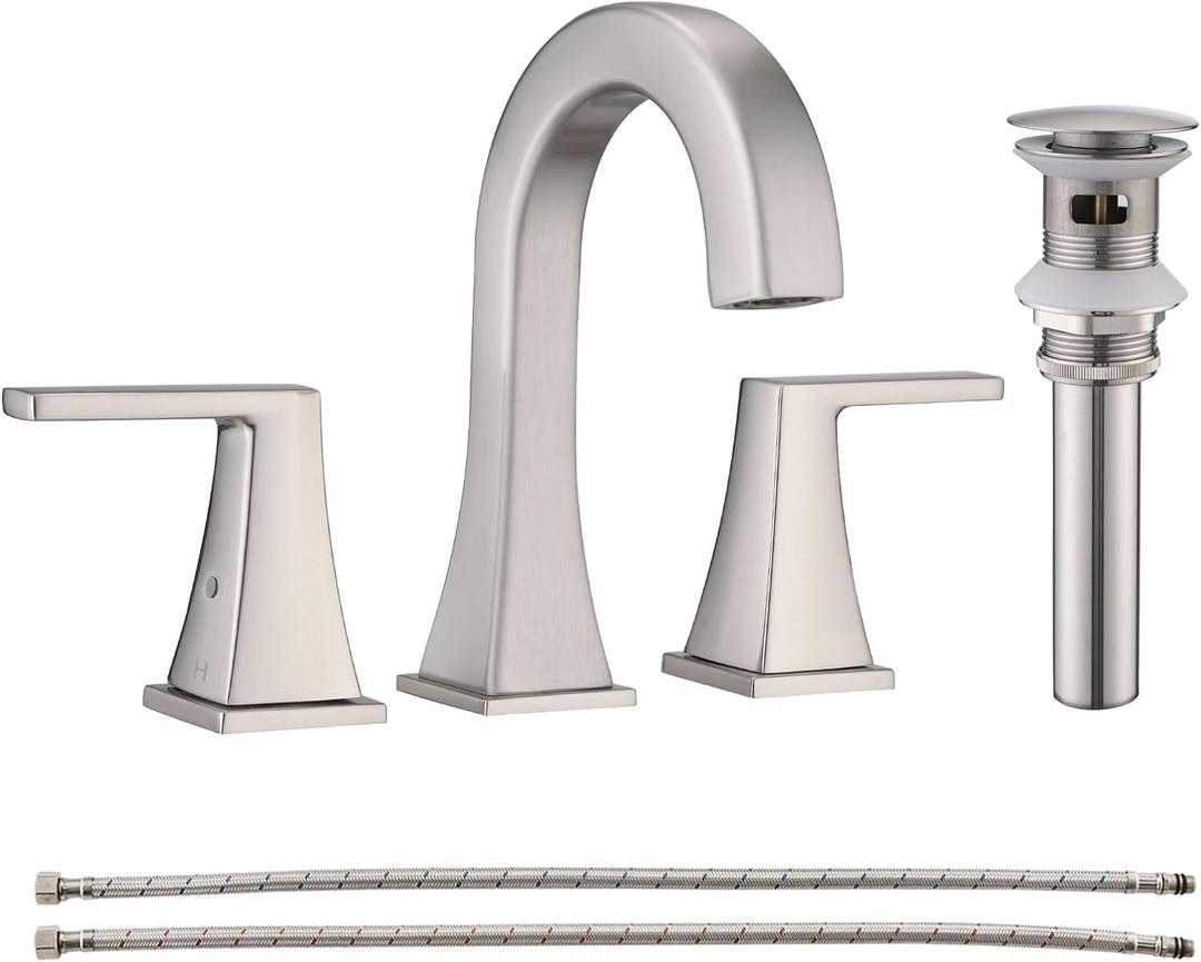 Bathroom Faucets for Sink 3 Hole, 2 Handle Widespread Bathroom Sink Faucet with Pop-up Drain and Water Supply Lines, Stainless Steel Faucet for Bathroom Vanity Farmhouse Sink, Brushed Nickel