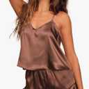 Ekouaer Satin Pajama Set for Women Silk Pjs for Women Set Camisole Top and Shorts with Ruffle Sleepwear, L
