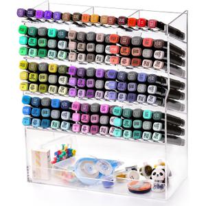 Dicunoy Desktop Pens Organizer, Acrylic Vertical Clear Art Holder for 150 Pens, 13 Compartments Angled Pen Holders for School, Office, Classroom, Stationery