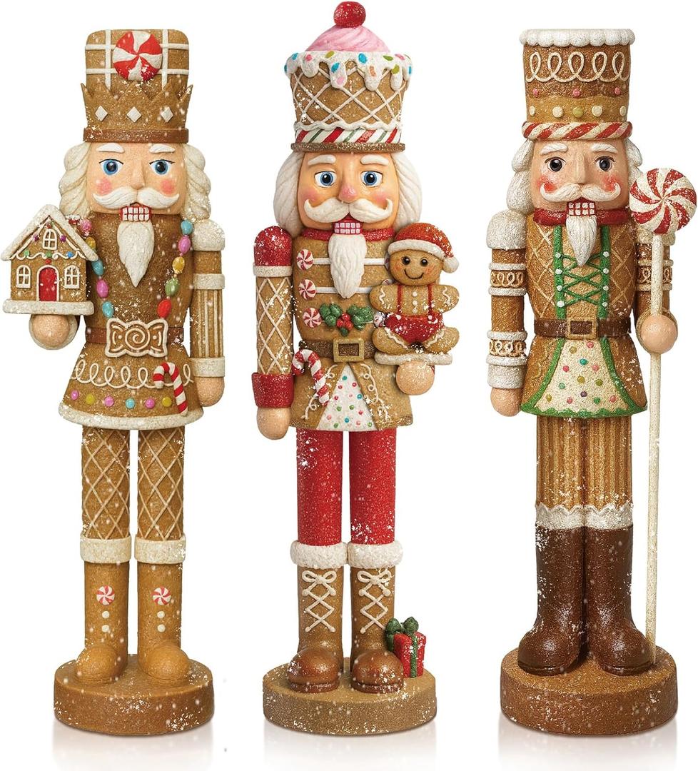 3 Pcs Gingerbread Nutcracker Figures Christmas Resin Nutcracker Figurines Holding Christmas Cookies, Gingerbread Men and Candy, Soldier Xmas Centerpieces Decor for Winter Table Party Favors