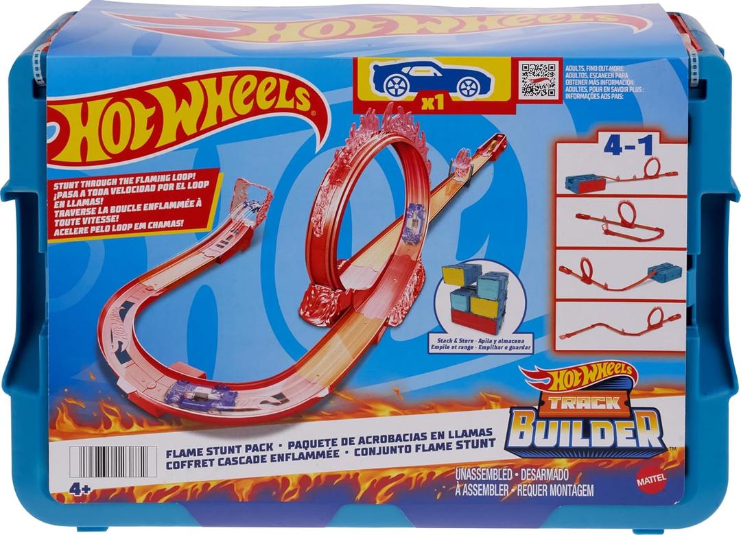 Hot Wheels Toy Car Track Set, Track Builder Playset Flame Stunt Pack with 16 Component Parts & 1:64 Scale Vehicle in Modular Storage Container