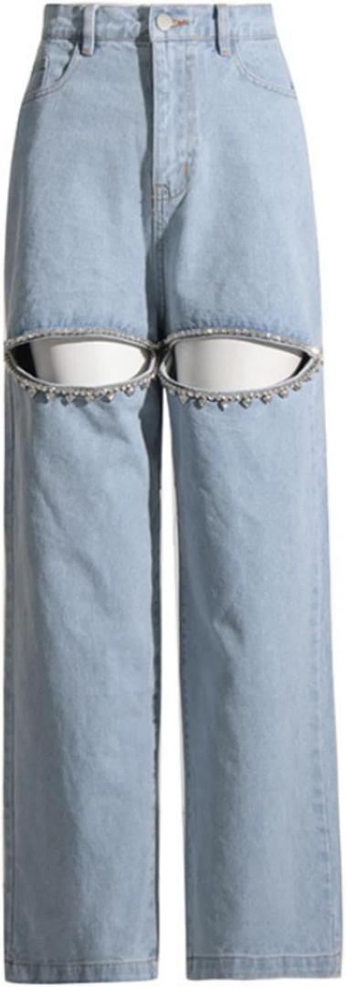 Cut Out Jeans for Women Straight Leg High Waisted Ripped Rhinestone Pearl Beaded Denim Pants (X-Large, Light Blue)