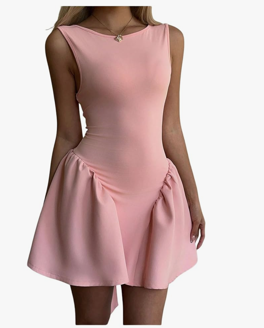 Women's Backless Bow Mini Slip Dress High Waist Flared A Line Evening Dress M