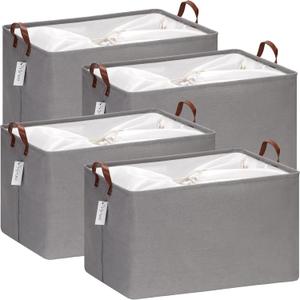 Hinwo 70L Extra Large Storage Bins, 4-Pack Closet Organizers and Storage, Foldable Clothes Storage Baskets with Handles, Containers for Clothing, Blanket, Comforters, Toys, Bedding (Gray)