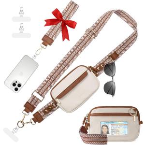 Tiostep Clip and Go Strap for Phone with Wallet Crossbody Phone Lanyard Adjustable and Anti-Theft Leather Purse with RFID Zipper Pouch for Travel Daily Life. Medium White-Brown