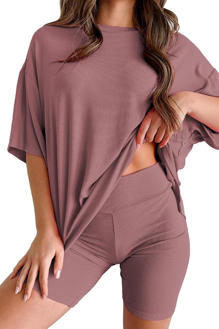 Womens 2 Piece Lounge Set 2026 Summer Travel Outfit Casual Short Sleeve Oversized Tshirts & Biker Shorts (Pink, M)