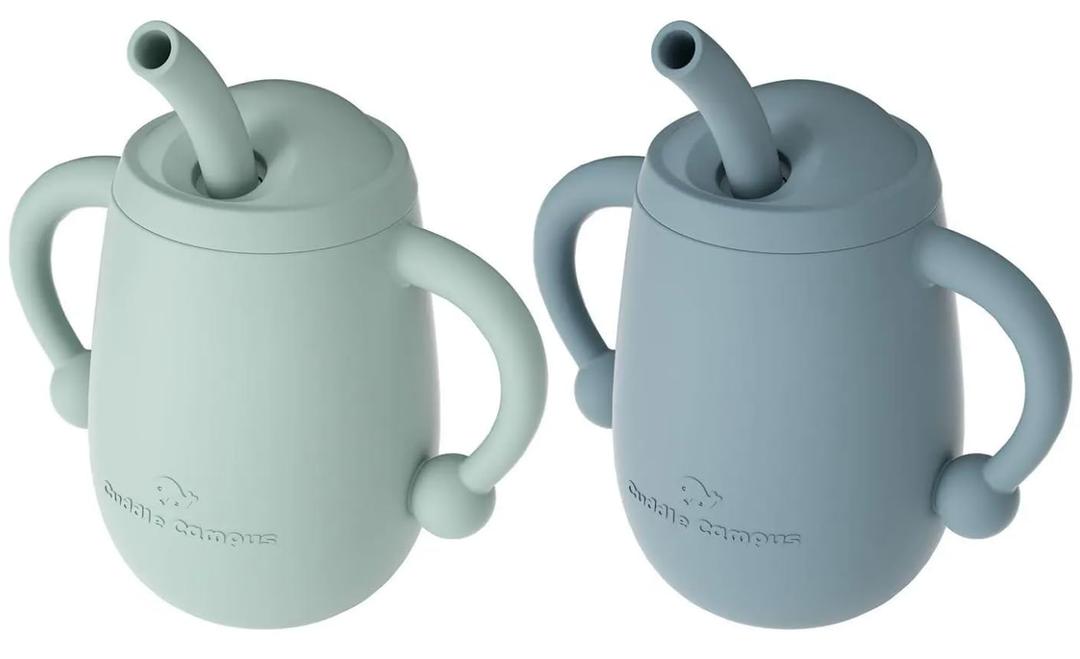 Cuddle Campus Pack of 2 Silicone Baby Training Cup, Shatterproof Toddler Sippy Cups with Straw, Open Cup for Baby, 6+ Months 4 Oz, Boothbay Gray+Sage