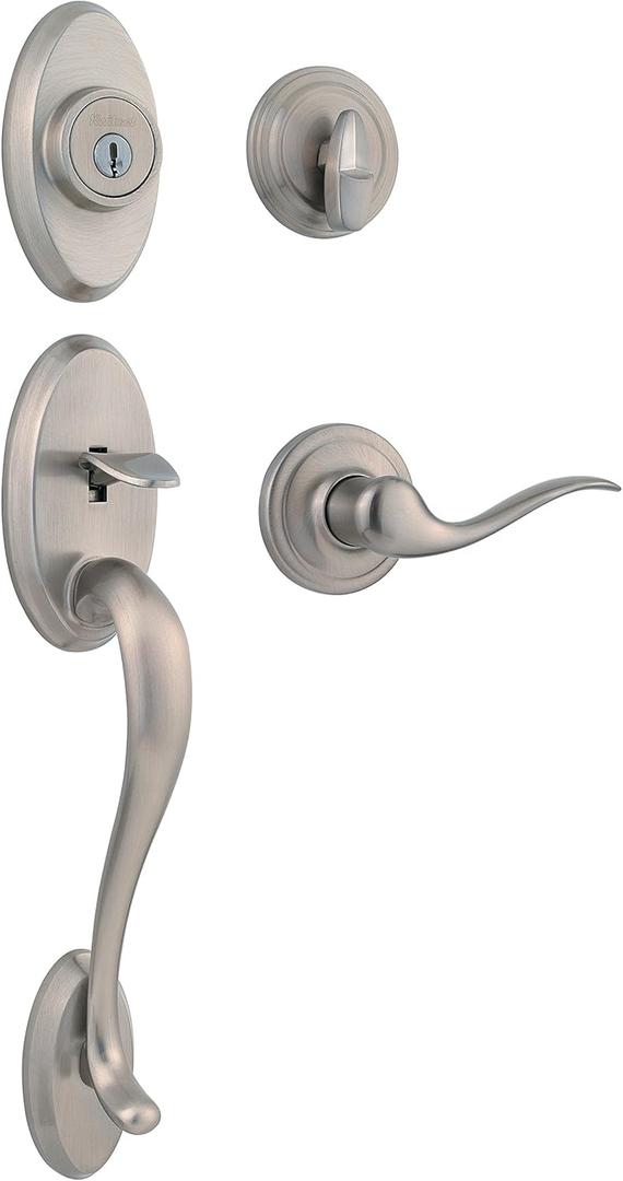 Kwikset Shelburne Front Door Lock Handle and Deadbolt Set, Entry Handleset Exterior with Interior Reversible Lever, Satin Nickel, Pick Resistant SmartKey Rekey Deadbolt Security