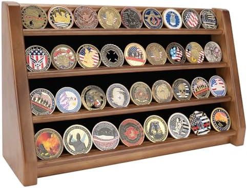 ASmileIndeep 4 Rows Military Challenge Coin Holder Display Holds 32 Coins, Solid Wood Army Coin Rack Display Case Stand for Wall Mount or Tabletop, Walnut