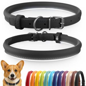 CollarDirect Rolled Leather Dog Collar, Soft Padded Round Puppy Collar, Handmade Genuine Leather Collar Dog Small Large Cat Collars 13 Colors (11-14 Inch, Black Smooth)
