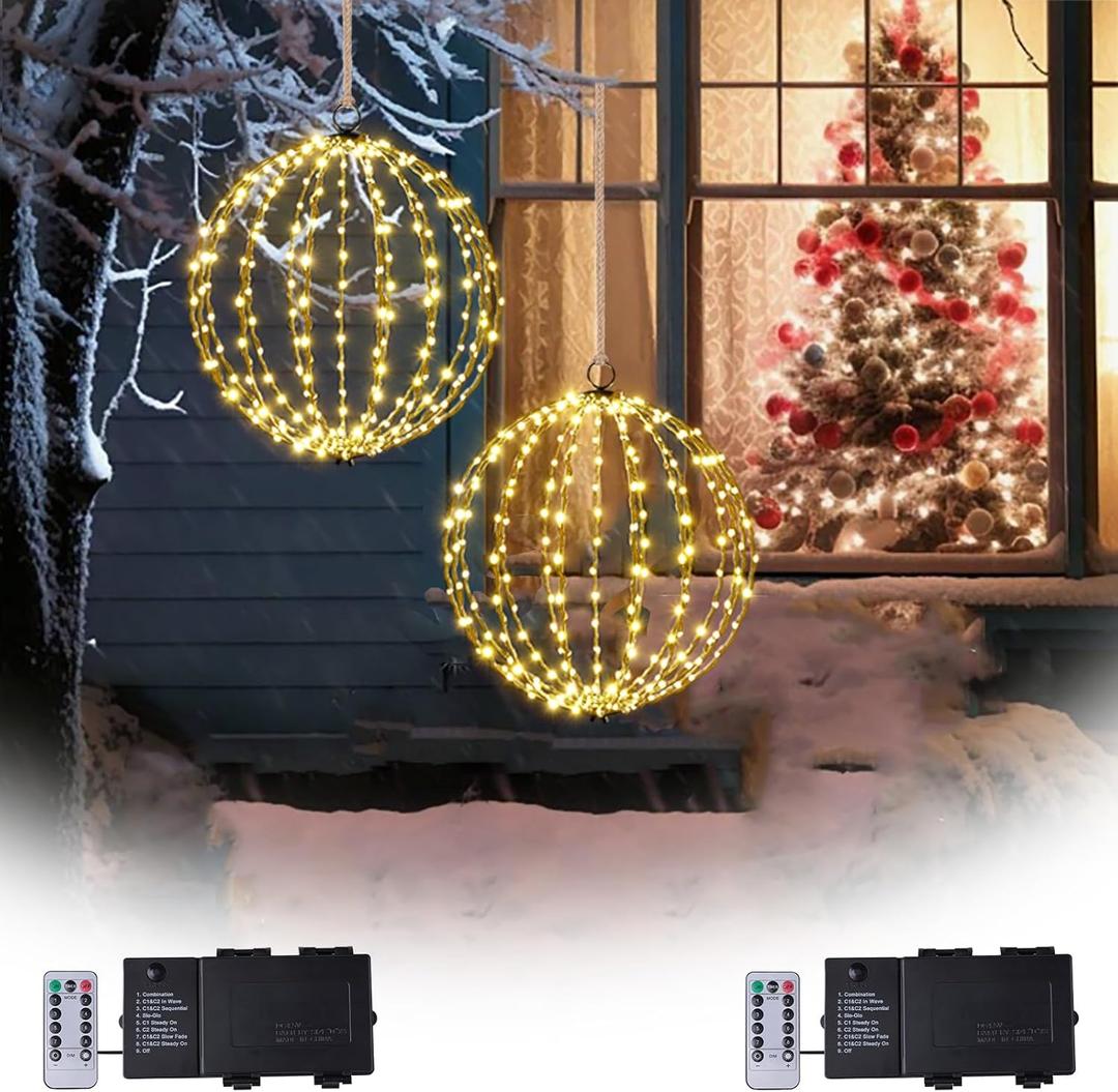 Outdoor Christmas Lights Balls, Prelit Ball Battery Operated, 16” Large Globe Christmas Decoration, 208 LED Foldable Waterproof Hanging Lighted Sphere for Home Tree Porch Yard Ground Decor-2PK