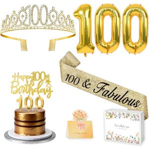 100th Birthday Decorations for Women with 100th Birthday Sash and Crown, Number Balloons, Birthday Card, Cake Topper and Candles, Happy 100 year old Female Gifts for Her, Gold