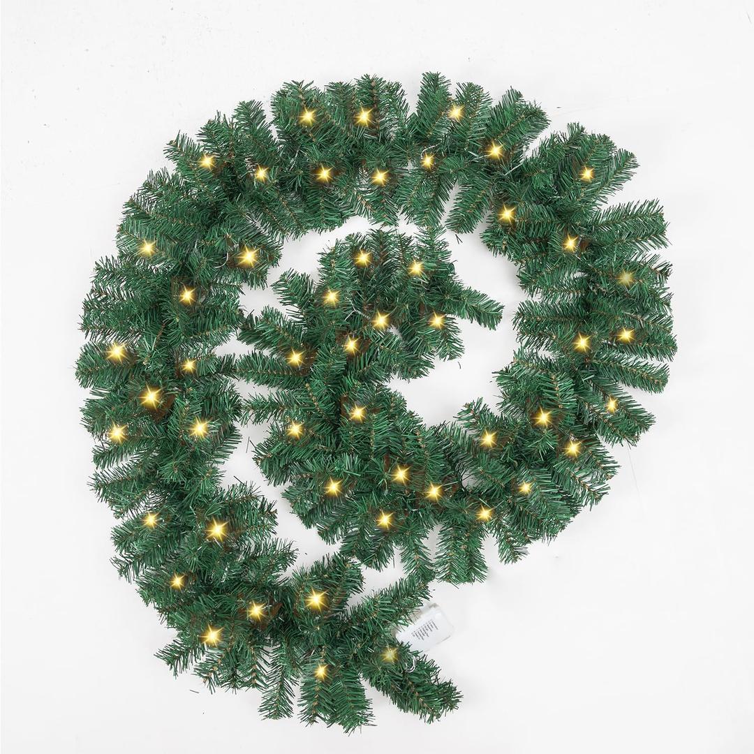 9 Ft Pre-lit Lighted Christmas Garland Decor, Festive Holiday Decoration for Outdoor/Indoor, Green Pine Branches, Waterproof 50 Warm Lights with Timer