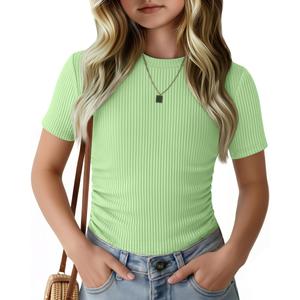 LessonZoo Girls Short Sleeve Ribbed Knit Shirts, Light Green, 7-8 Years