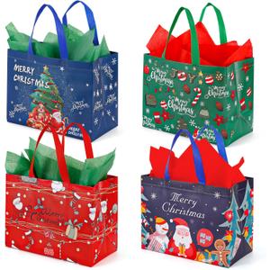 YANGTE 12 Pack 13" Large Christmas Gift Bags with Tissue Paper, Reusable Non-Woven Christmas Bag with Handles for Presents Wrapping, Shopping Xmas Party Supplies
