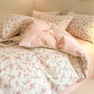 Floral Duvet Cover Queen Size Blue Pink Flowers Printed Reversible Bedding Set Soft Breathable Garden Flower Botanical Cottagecore Comforter Cover Set with Zipper Closure and 2 Pillowcases