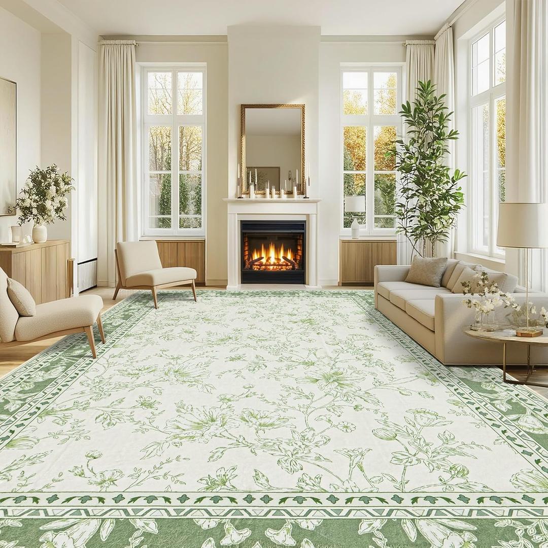 Green Boho 9x12 Rug Living Room Extra Large Washable Non Slip Soft Faux Wool Farmhouse Carpet for Bedroom Dining Room Playroom Cream Beige and Green Peony Lily Aesthetic Pattern Floral Area Rug